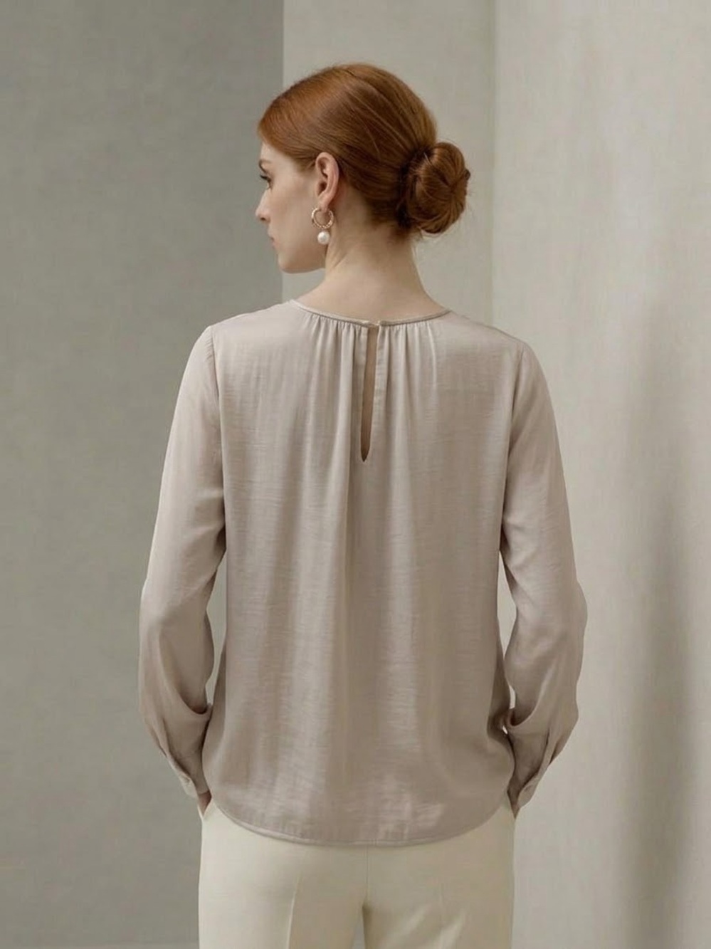 Vince Light Beige Long-Sleeve Pleated Silk-Blend Top